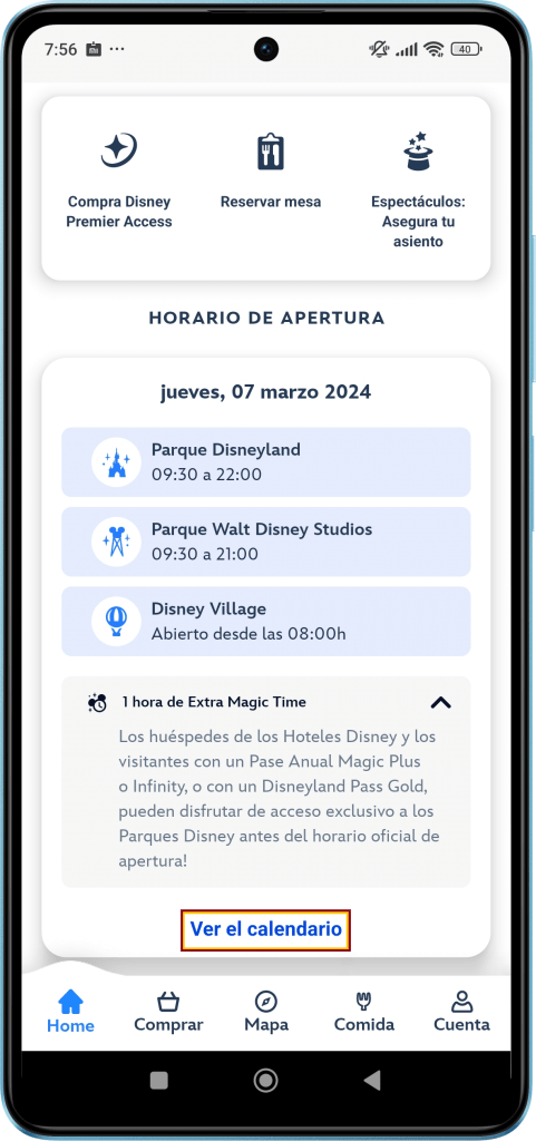 Disney Aplicación acceso al calendario